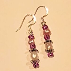 Elegant Pearl, Pink Glass and Silver Dangle Earrings